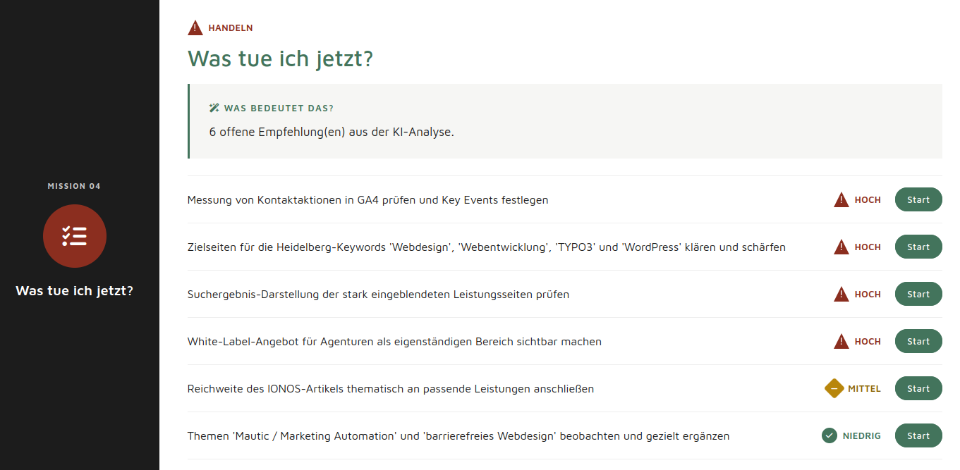Screenshot SYFEDIA: Handlungsempfehlungen für ein besseres Online Marketing.